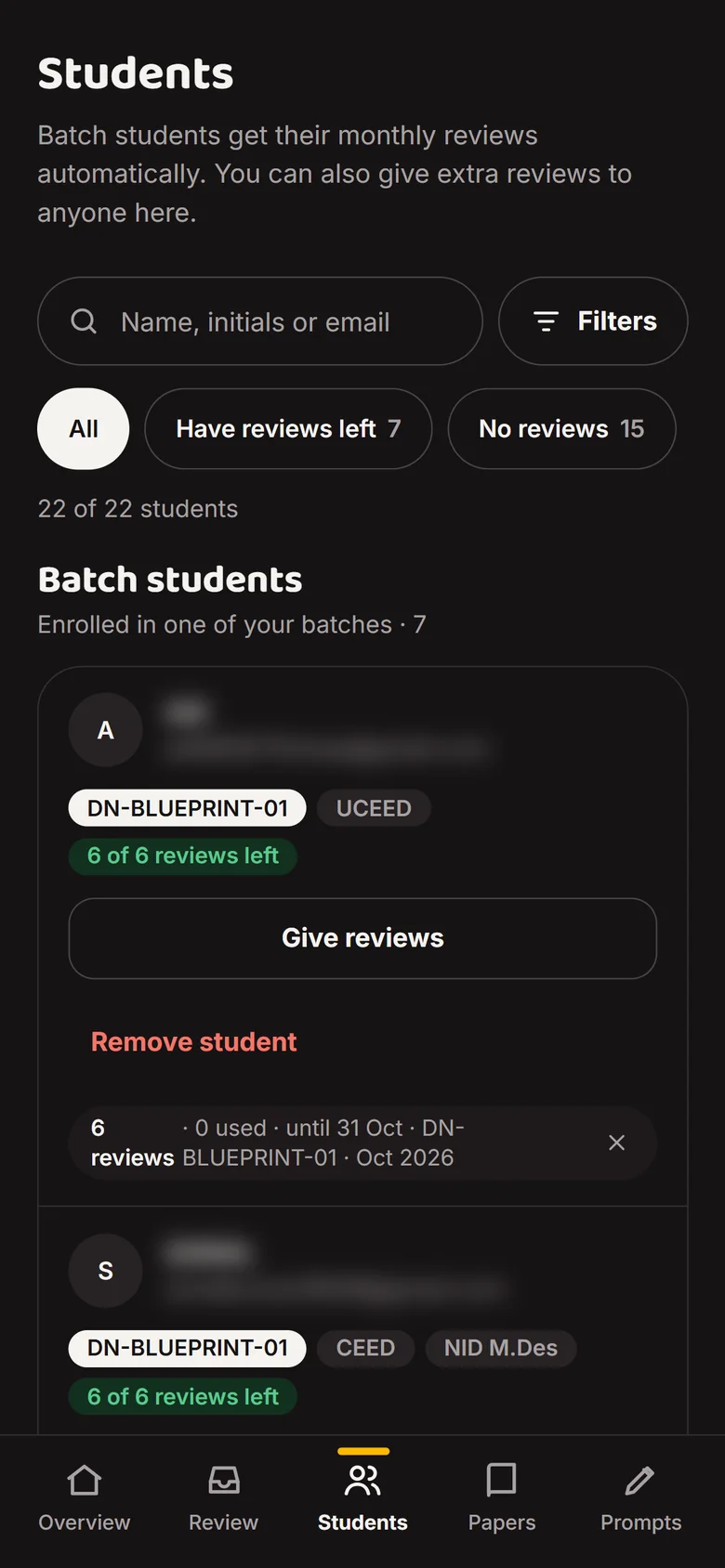 Admin students list