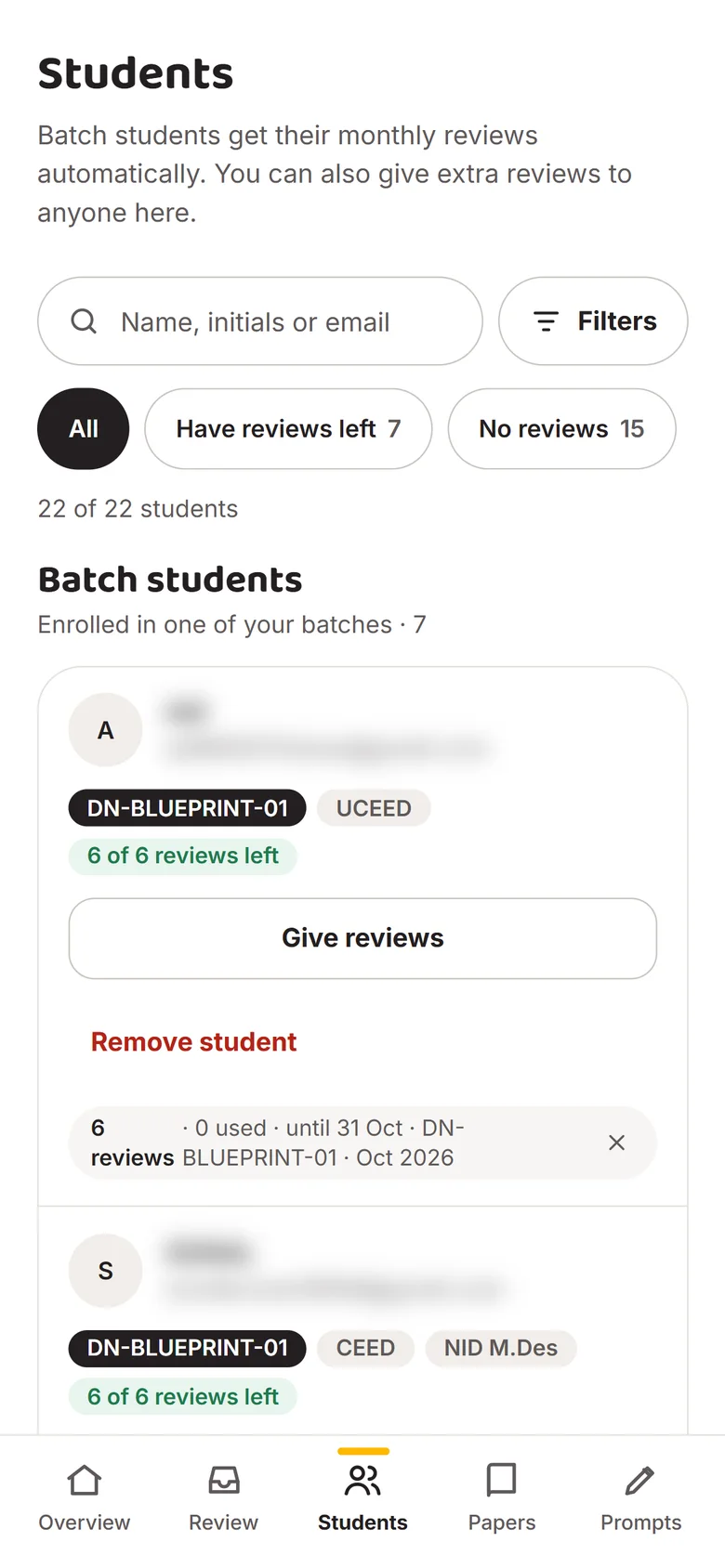 Admin students list