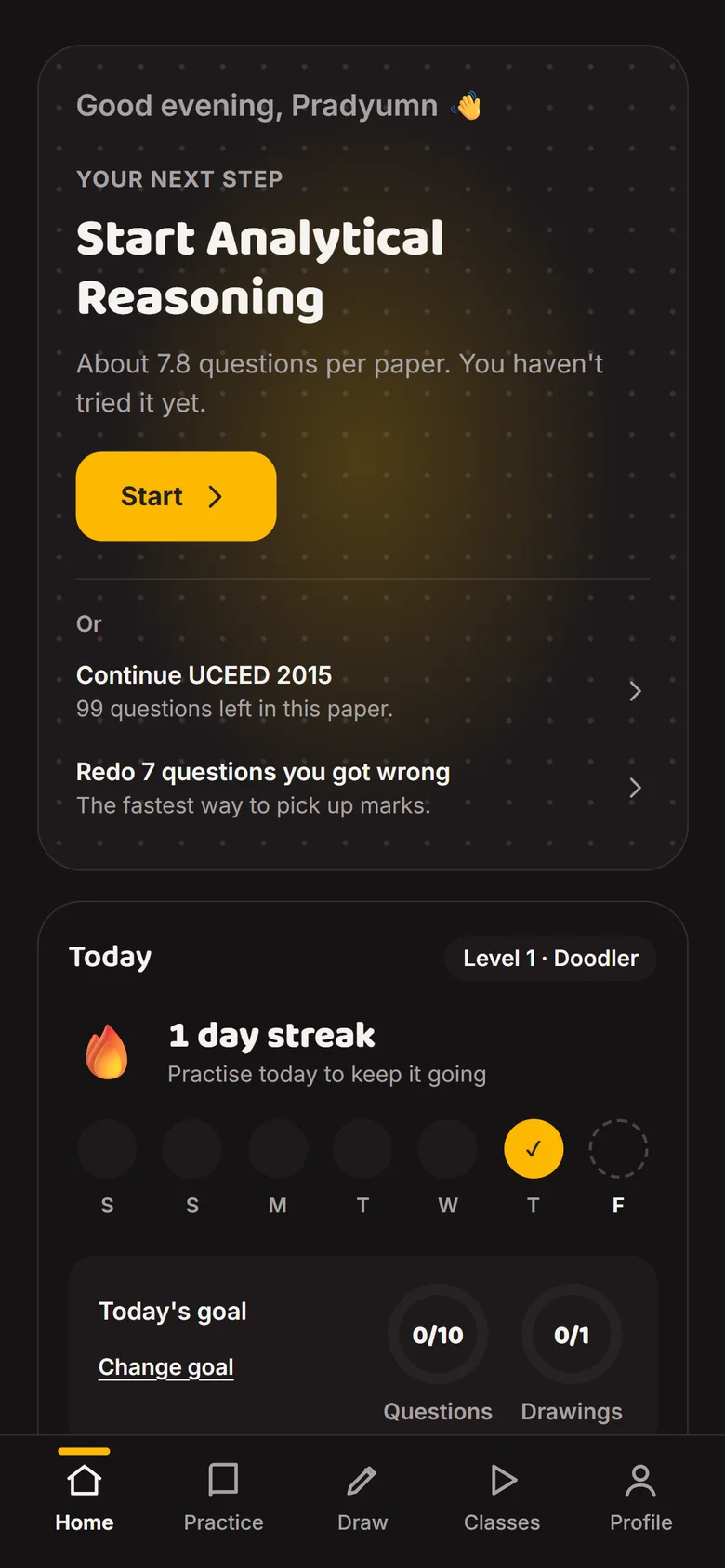 Student dashboard with next step, streak, goals and upcoming exam dates