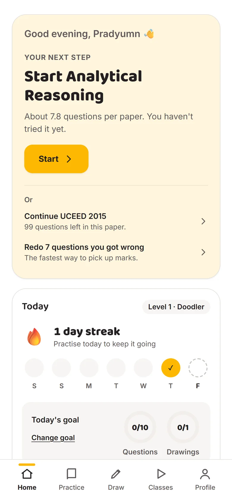 Student dashboard with next step, streak, goals and upcoming exam dates