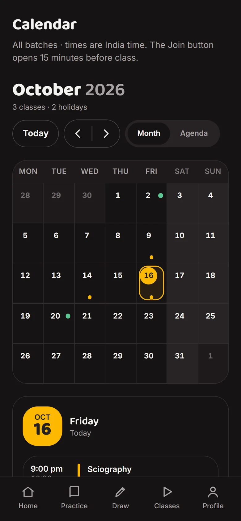 Class calendar with today's class highlighted