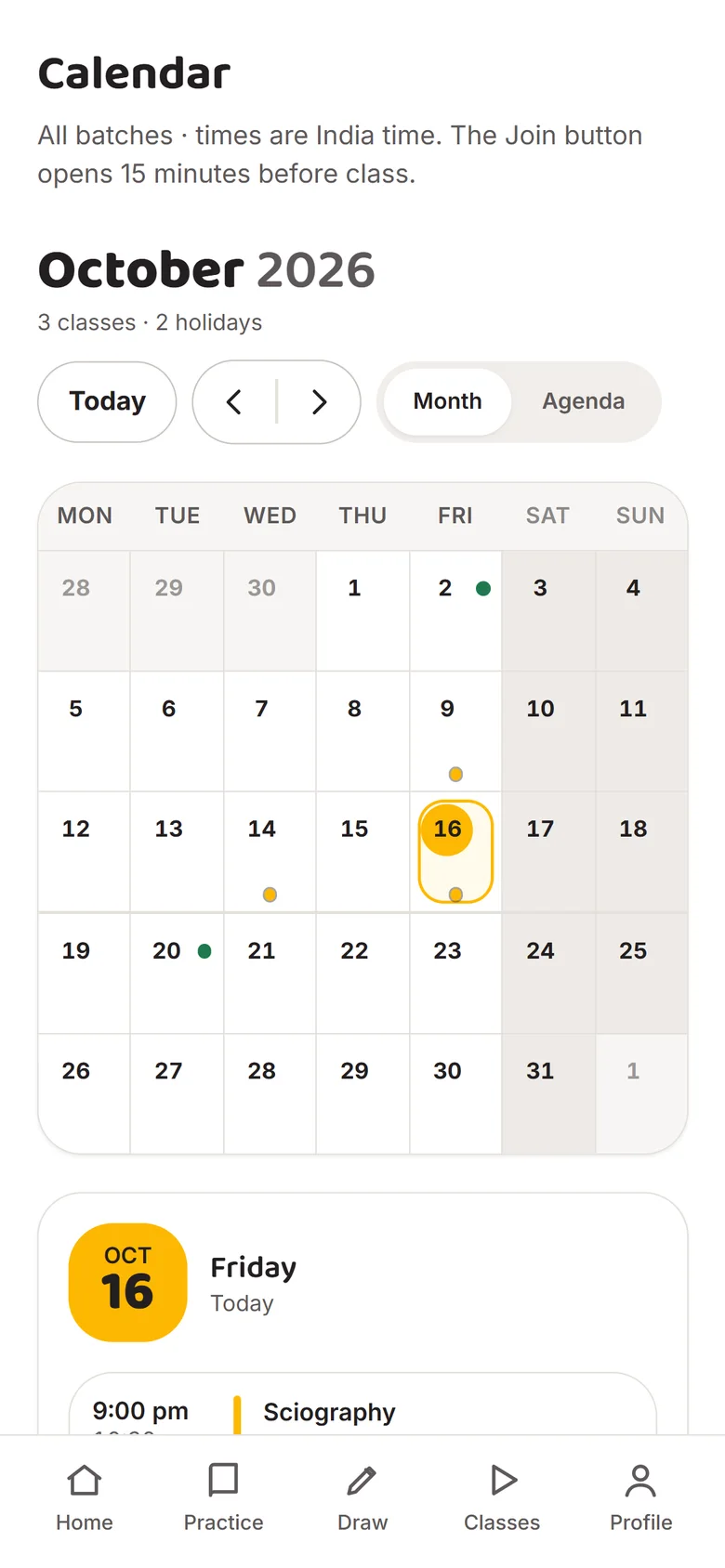 Class calendar with today's class highlighted
