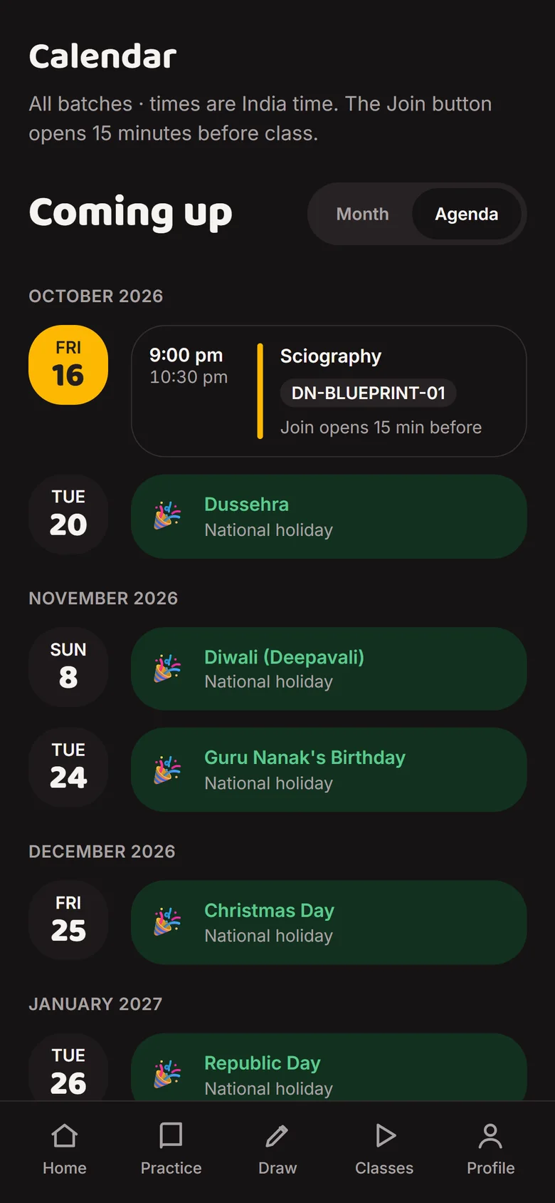 Agenda of upcoming classes