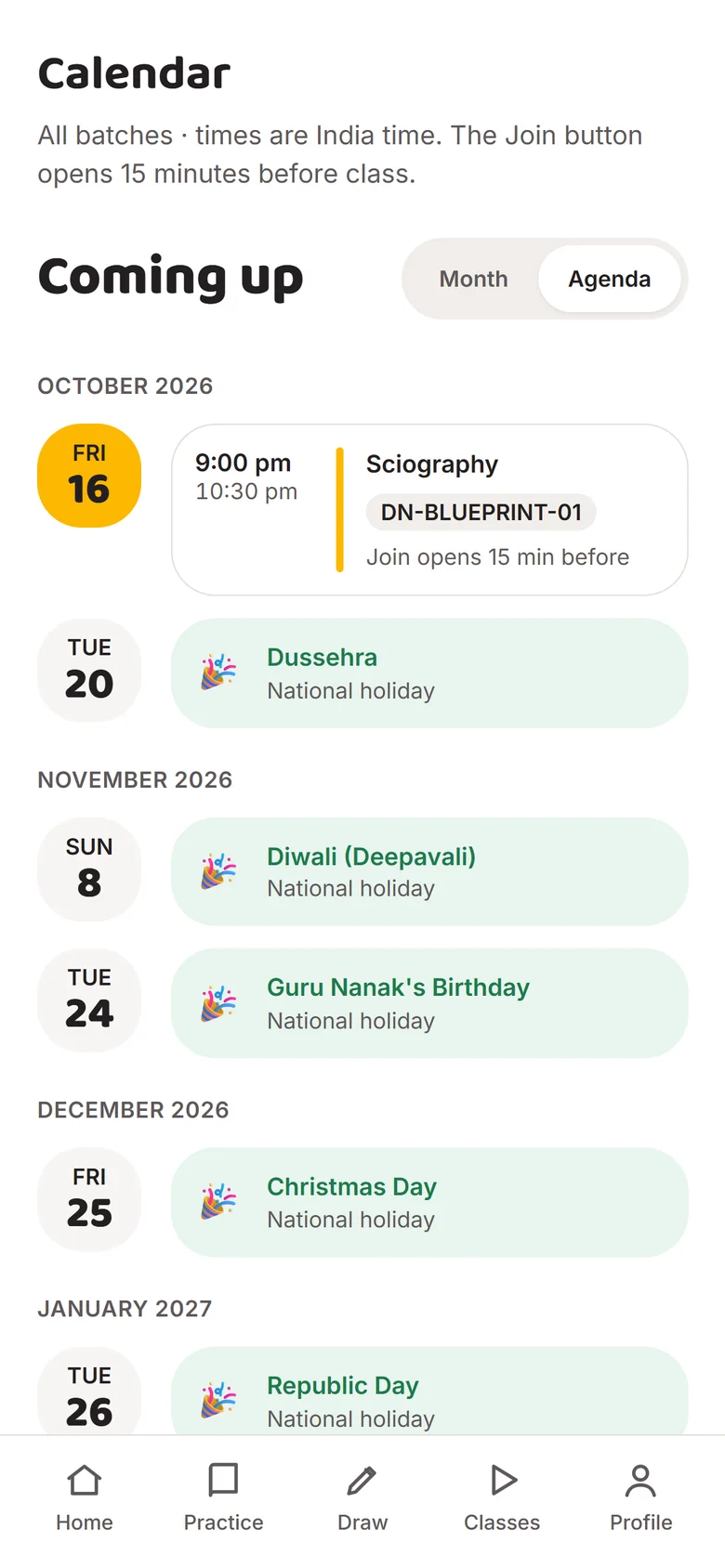 Agenda of upcoming classes