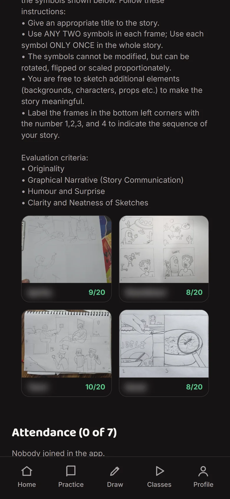 Class page with the day's prompt and marked drawings