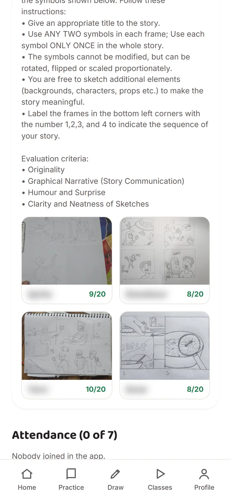Class page with the day's prompt and marked drawings