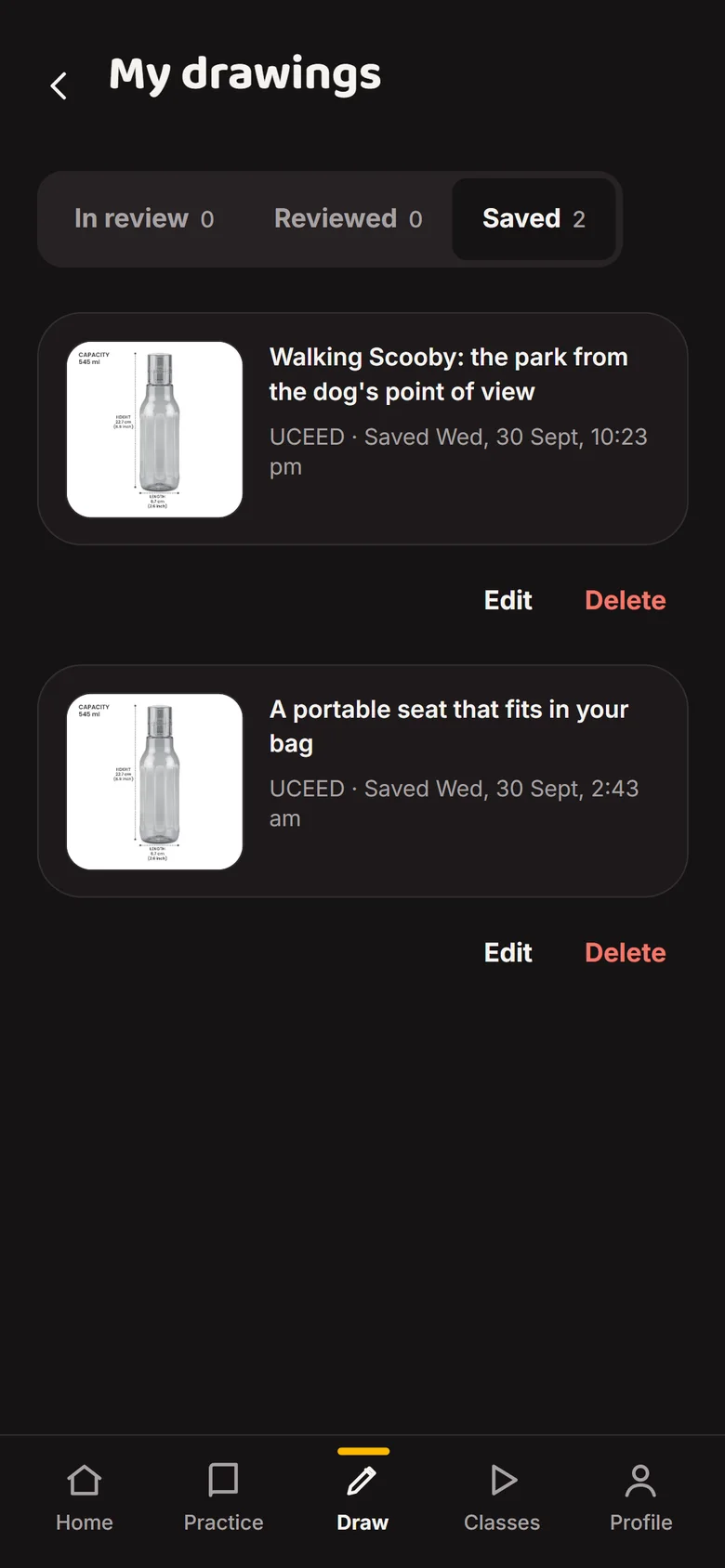 My drawings with In review, Reviewed and Saved tabs