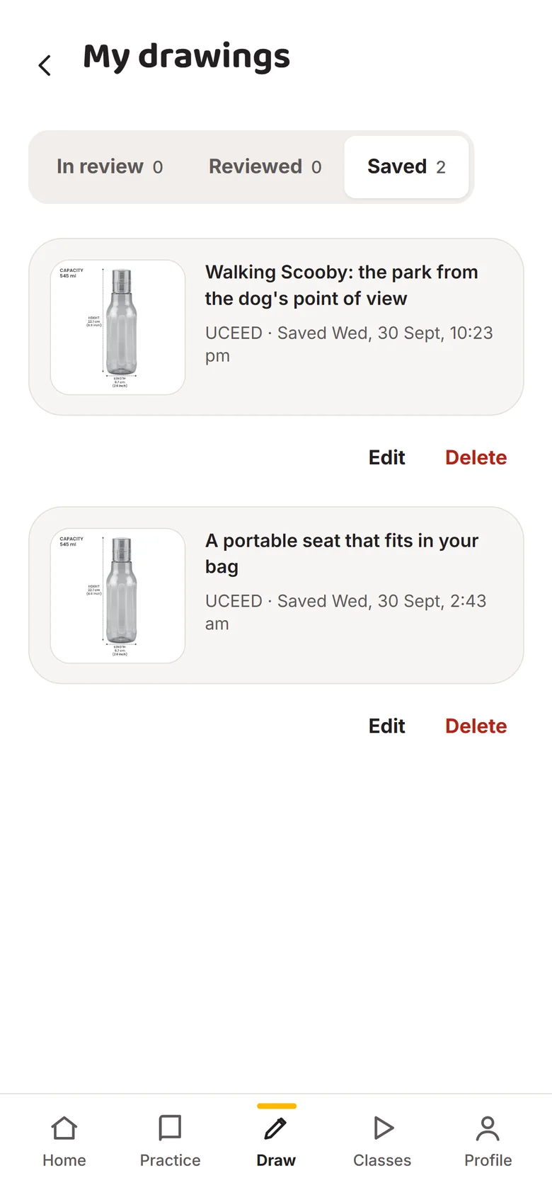My drawings with In review, Reviewed and Saved tabs