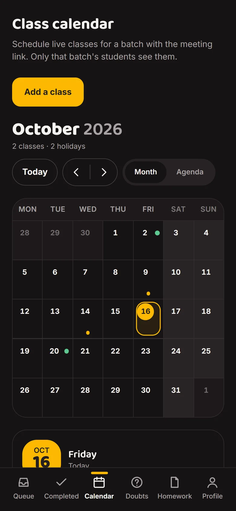 Mentor class calendar