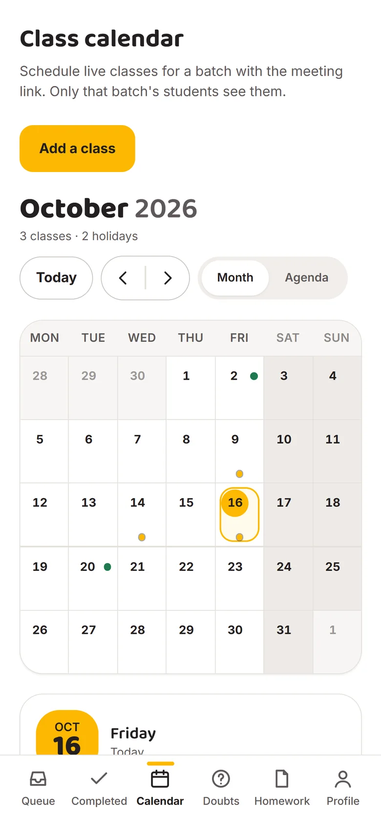 Mentor class calendar