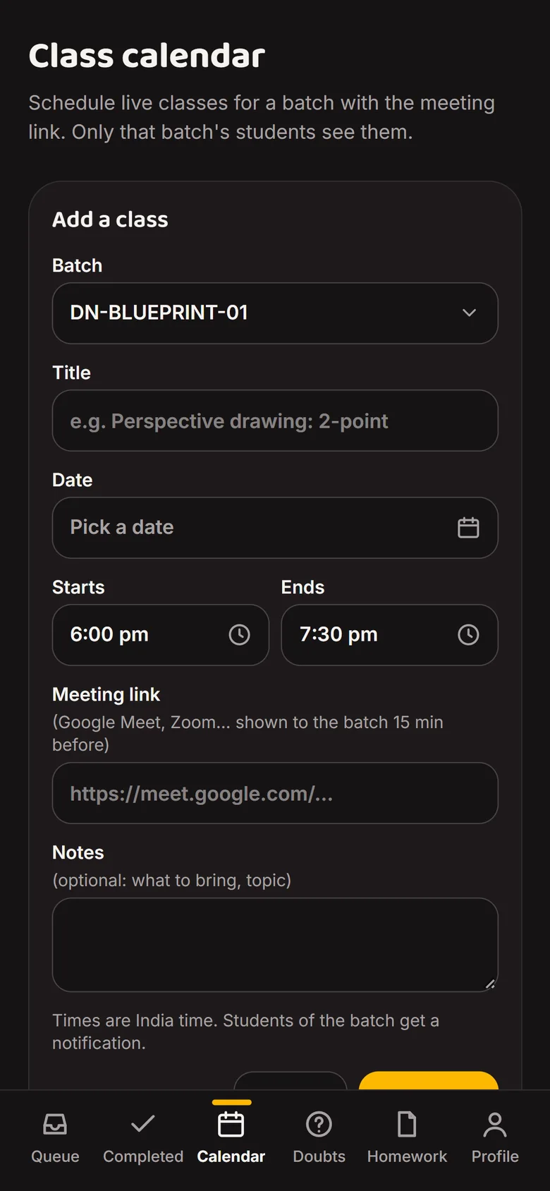 Add a class form with batch, title, date, time and meeting link