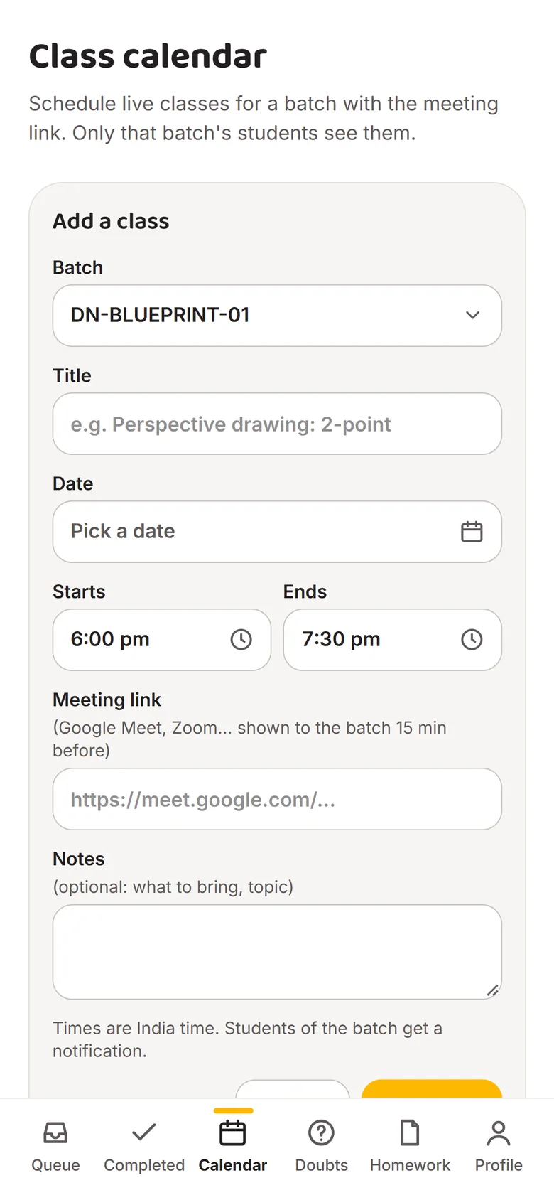 Add a class form with batch, title, date, time and meeting link