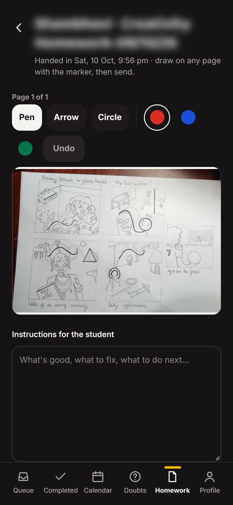 Marking a student's drawing with pen tools