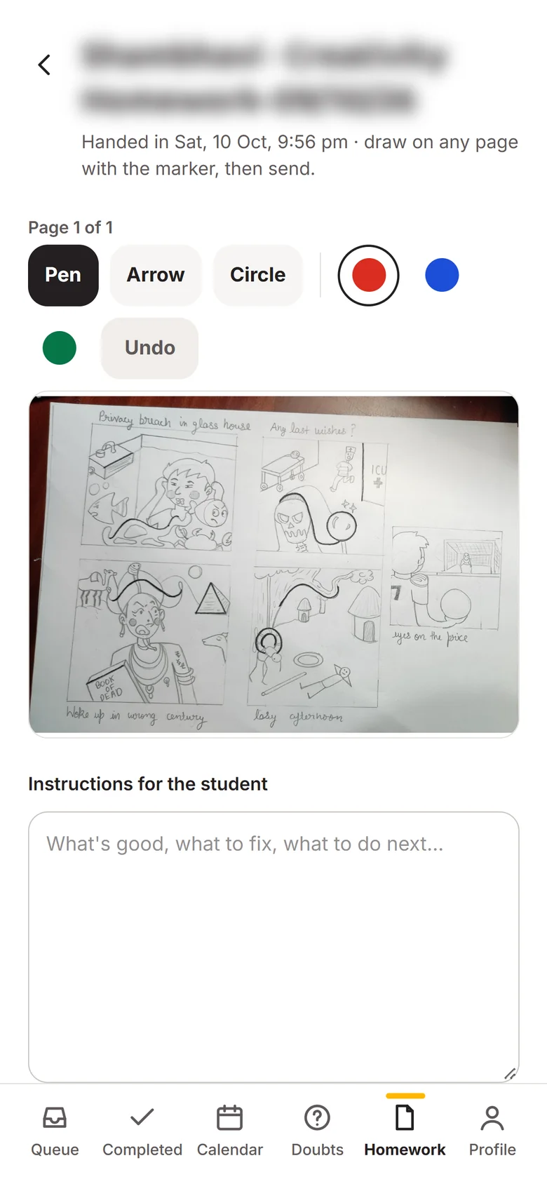 Marking a student's drawing with pen tools