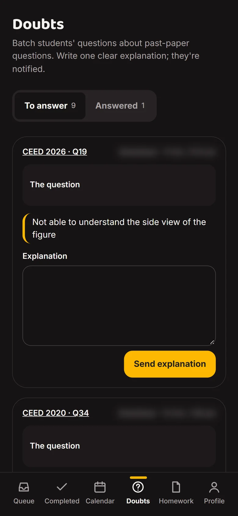 Doubts queue with student questions