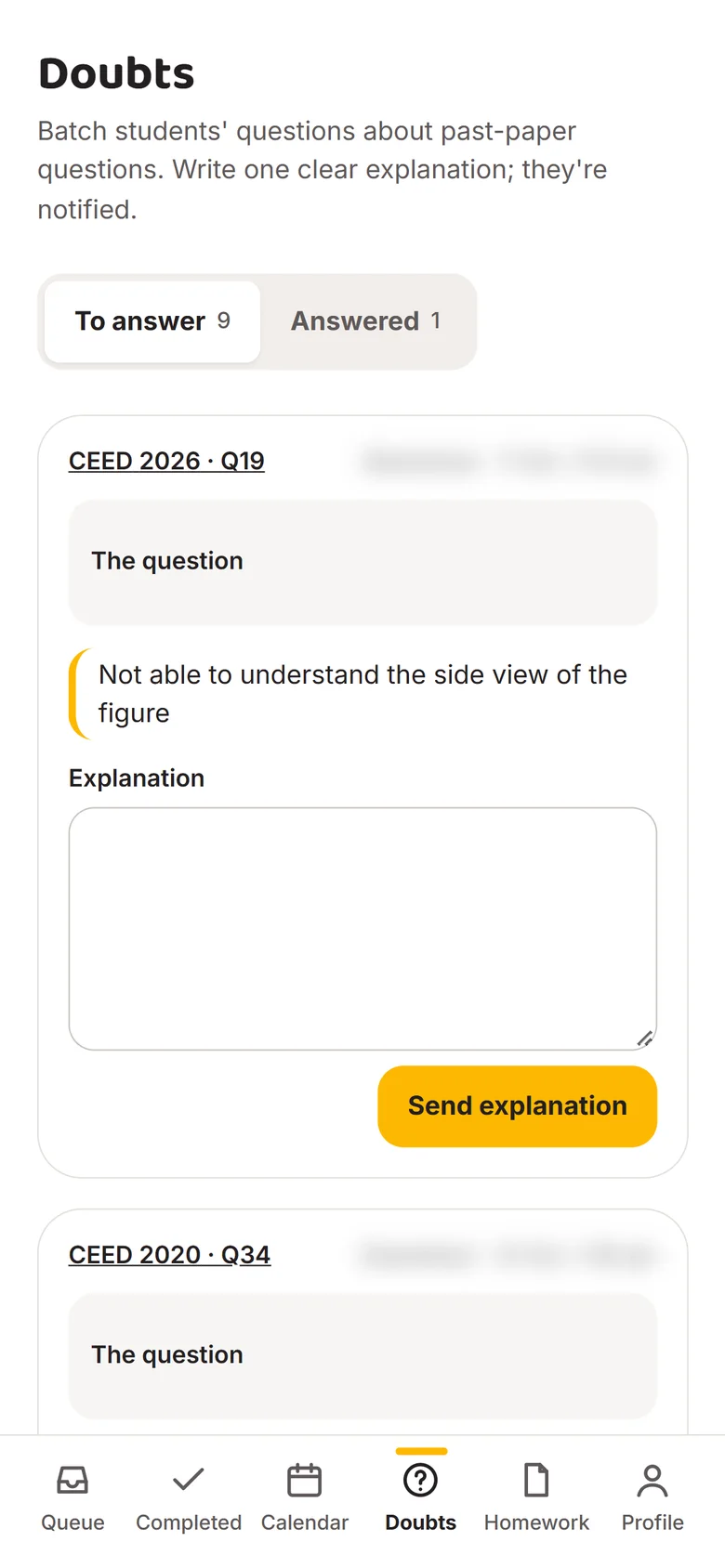 Doubts queue with student questions