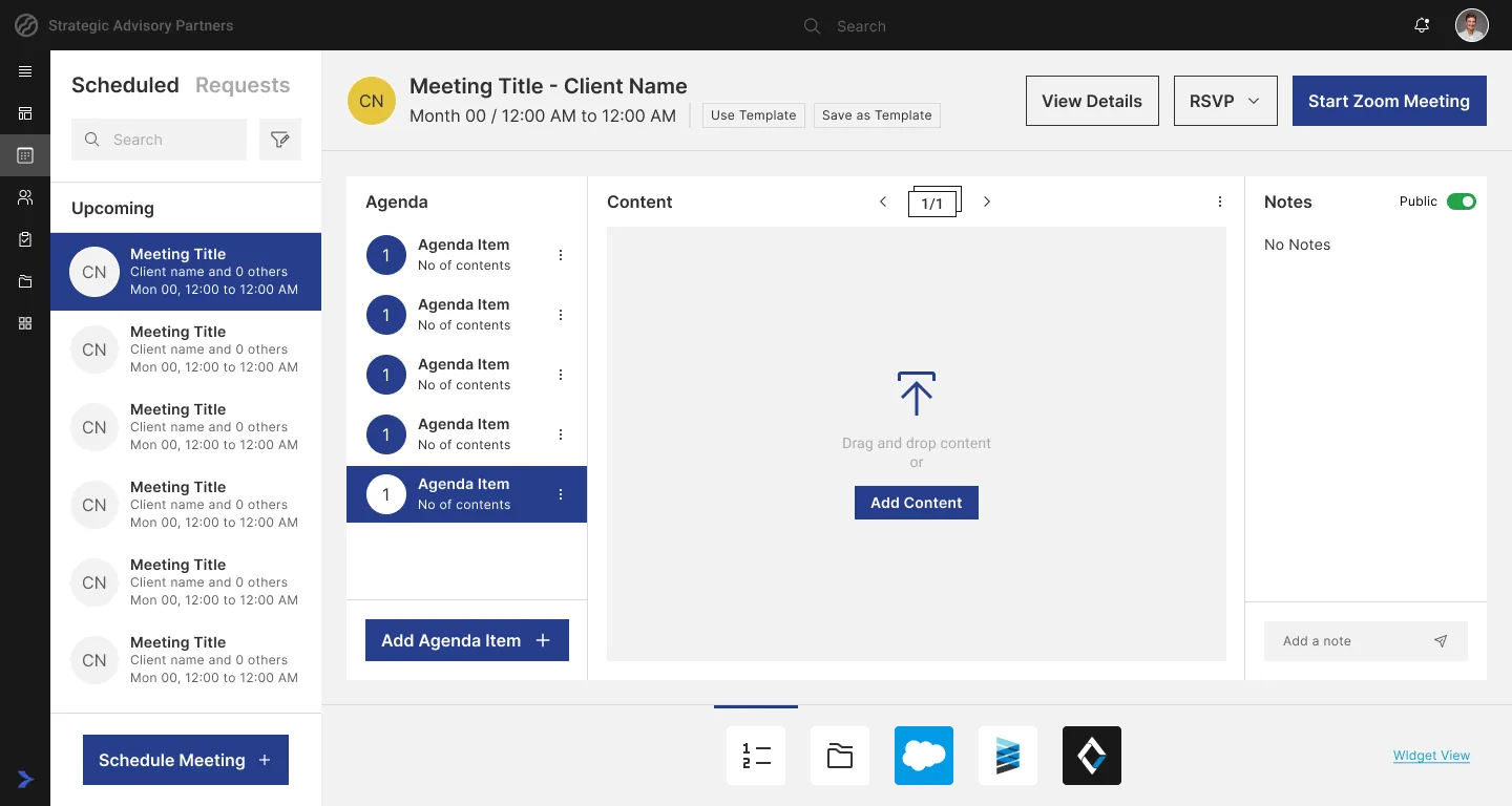 Adding content to an agenda item with a drag-and-drop area