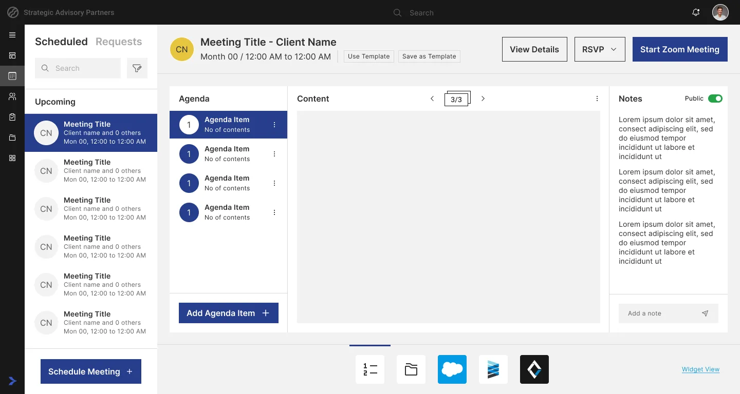 Scheduled meeting with an agenda list, content preview and notes