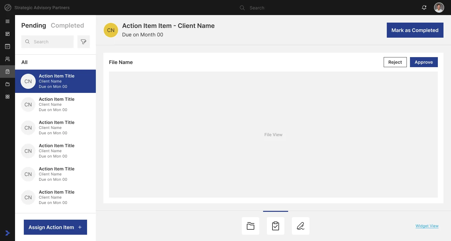 Action items with a document approval preview and approve or reject buttons
