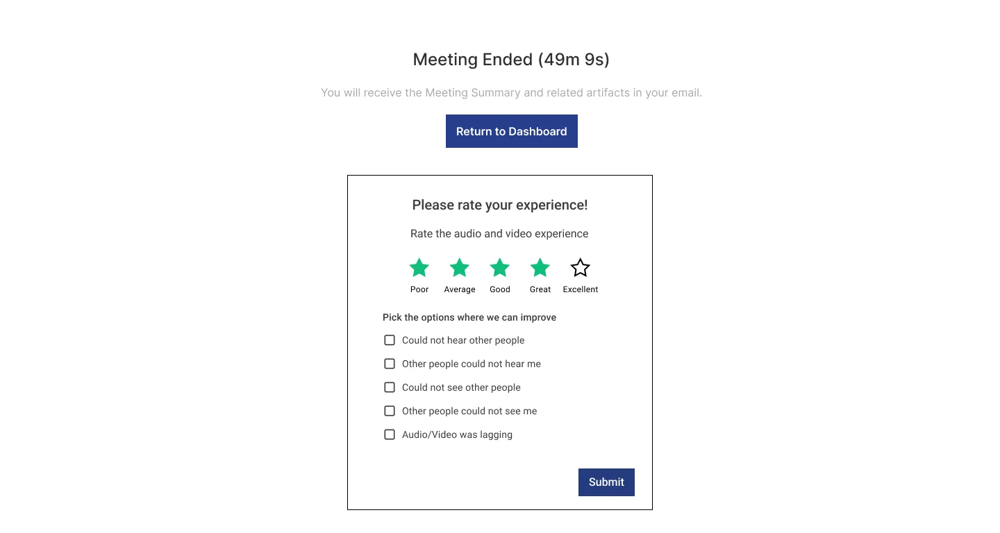 Meeting ended screen with an expanded rating checklist