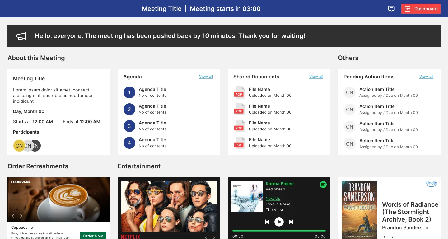 Waiting room with an announcement, meeting details, agenda, shared documents and refreshment options