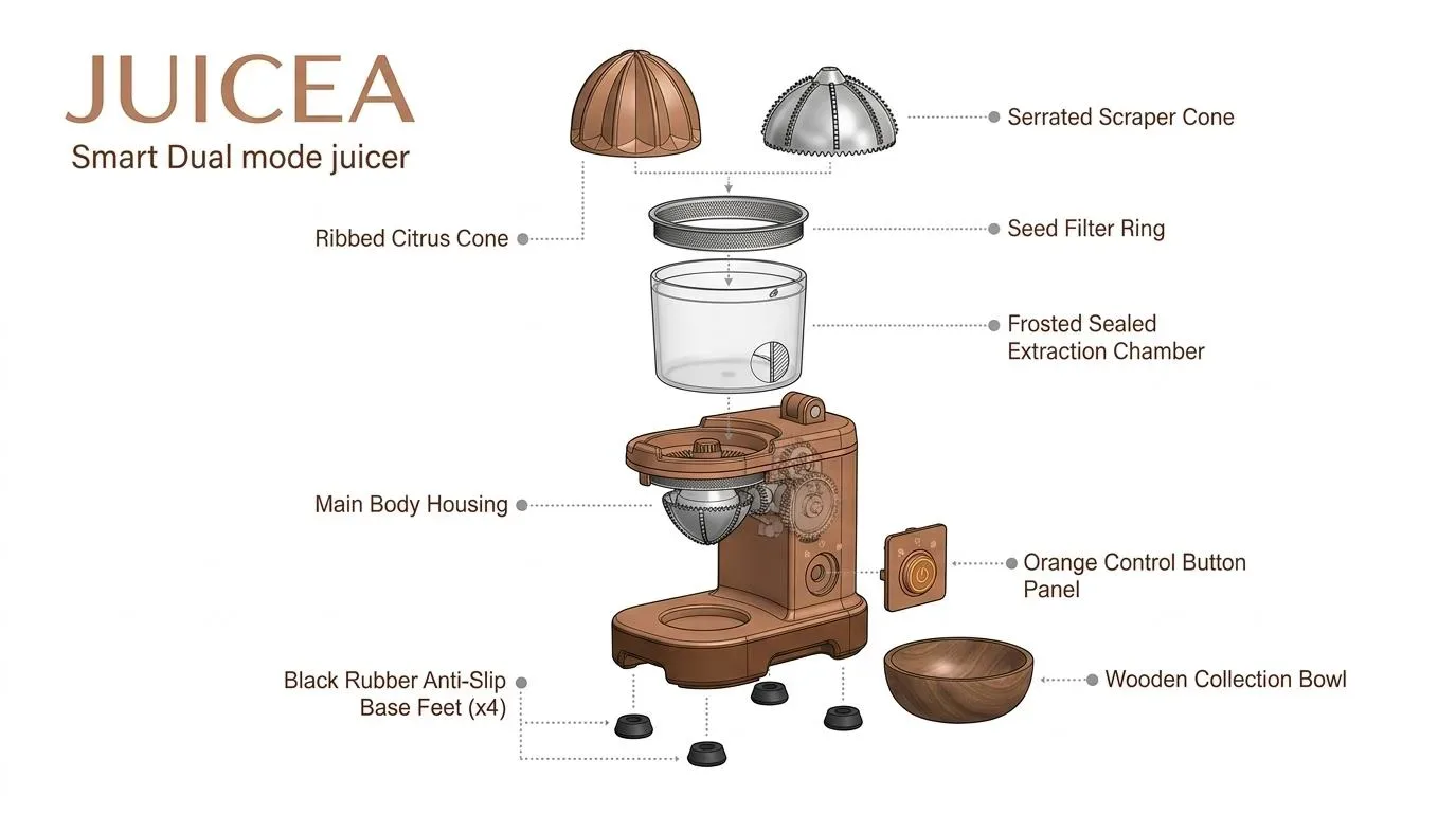 Exploded view of cones, chamber, body and base