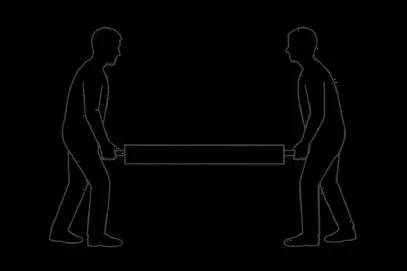 Two people carrying the raft, line drawing