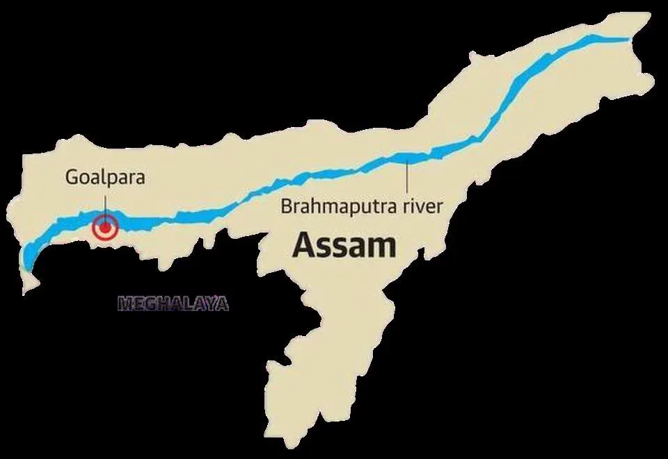 Map of Assam with the Brahmaputra and Goalpara marked
