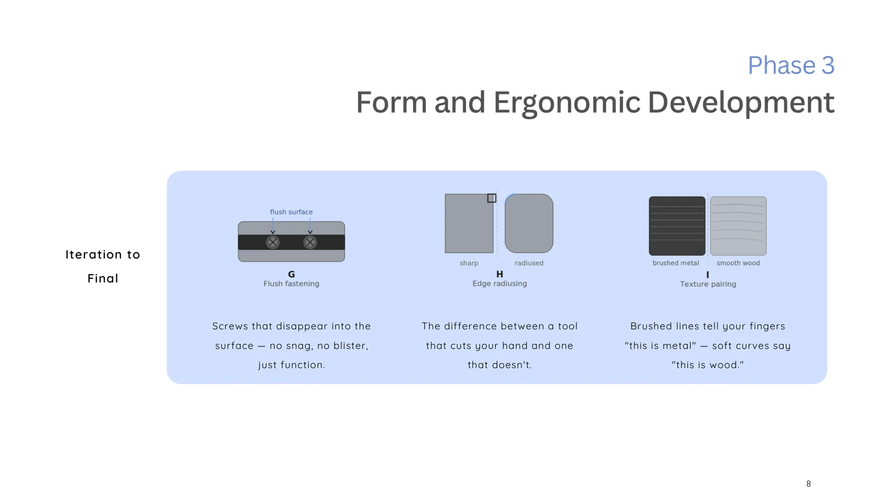 Iteration to final: flush screws and texture pairing