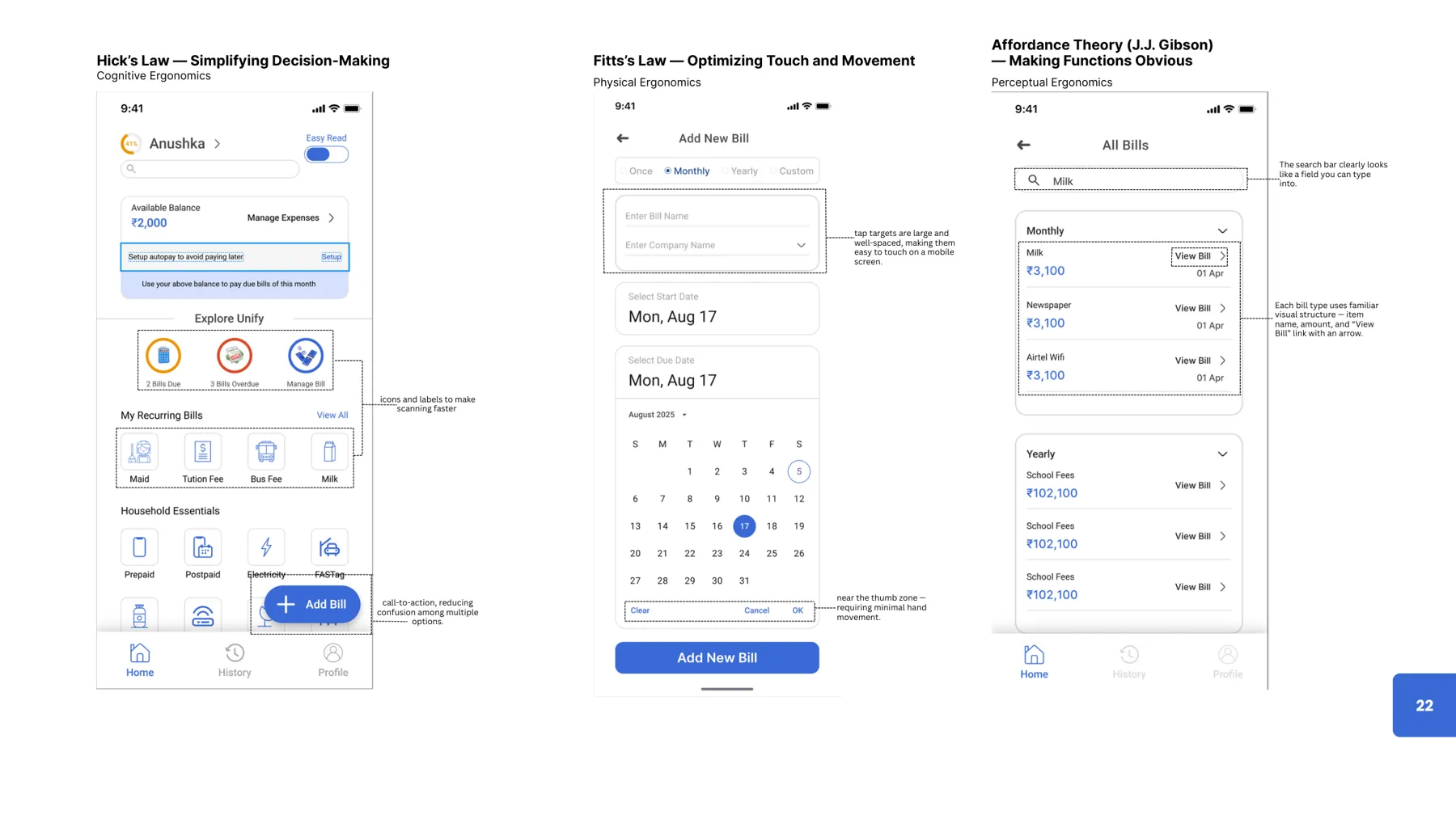 Screens annotated with Hick’s law, Fitts’s law and affordance