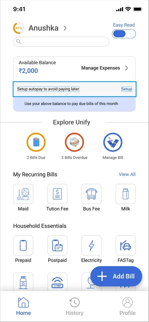 Home screen with balance and recurring bills