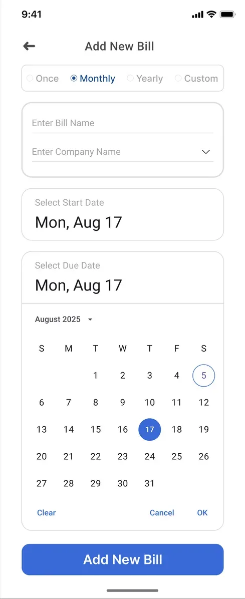 Add new bill screen with calendar